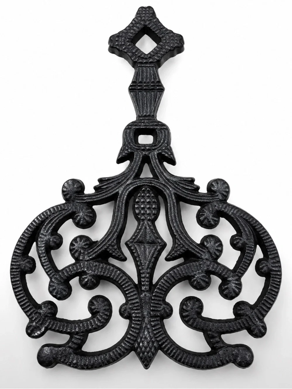 Vintage J.Z.H. Cast Iron Trivet #540 — Ornate Floral Scroll Design